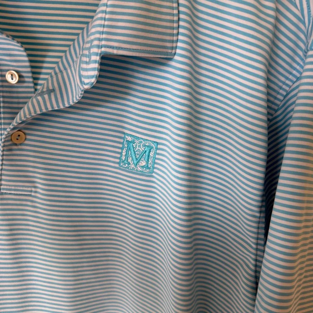 Peter Millar Summer Comfort XXL Blue‎ White Striped Golf Polo Shirt M Logo